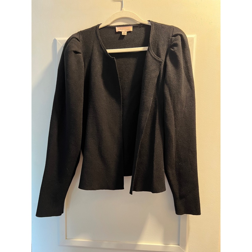 Philosophy Republic Clothing Black Puff Shoulder Open Front Cardigan Sweater L